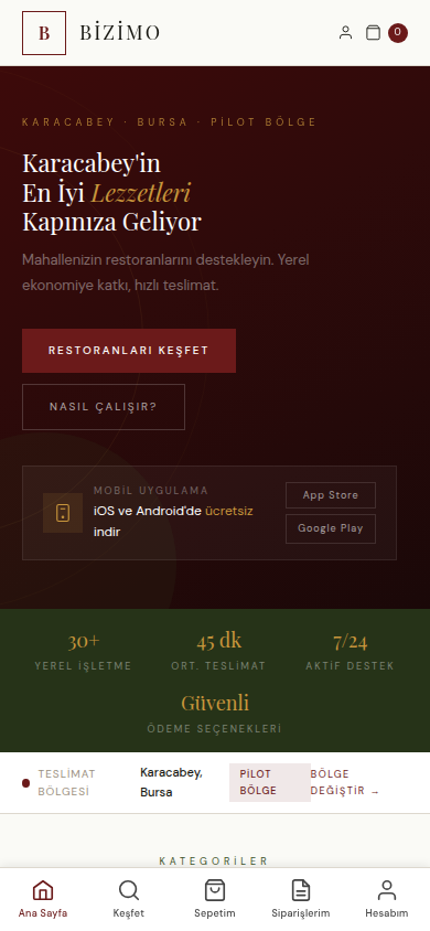 Bizimo mobil uygulaması — Karacabey yerel sipariş ekranı